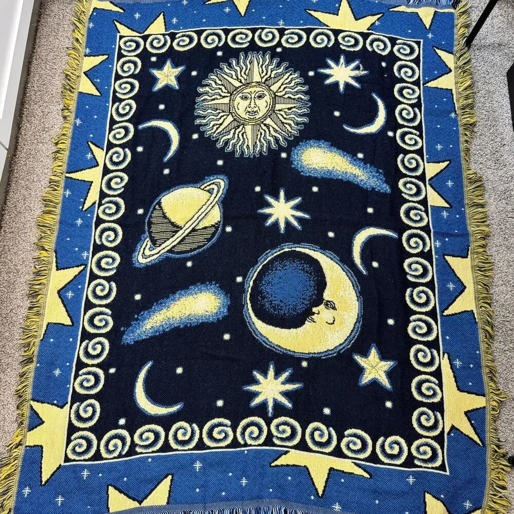 Vintage 90's Celestial Sun Moon Stars Throw Blanket Decor Reversible Fringed